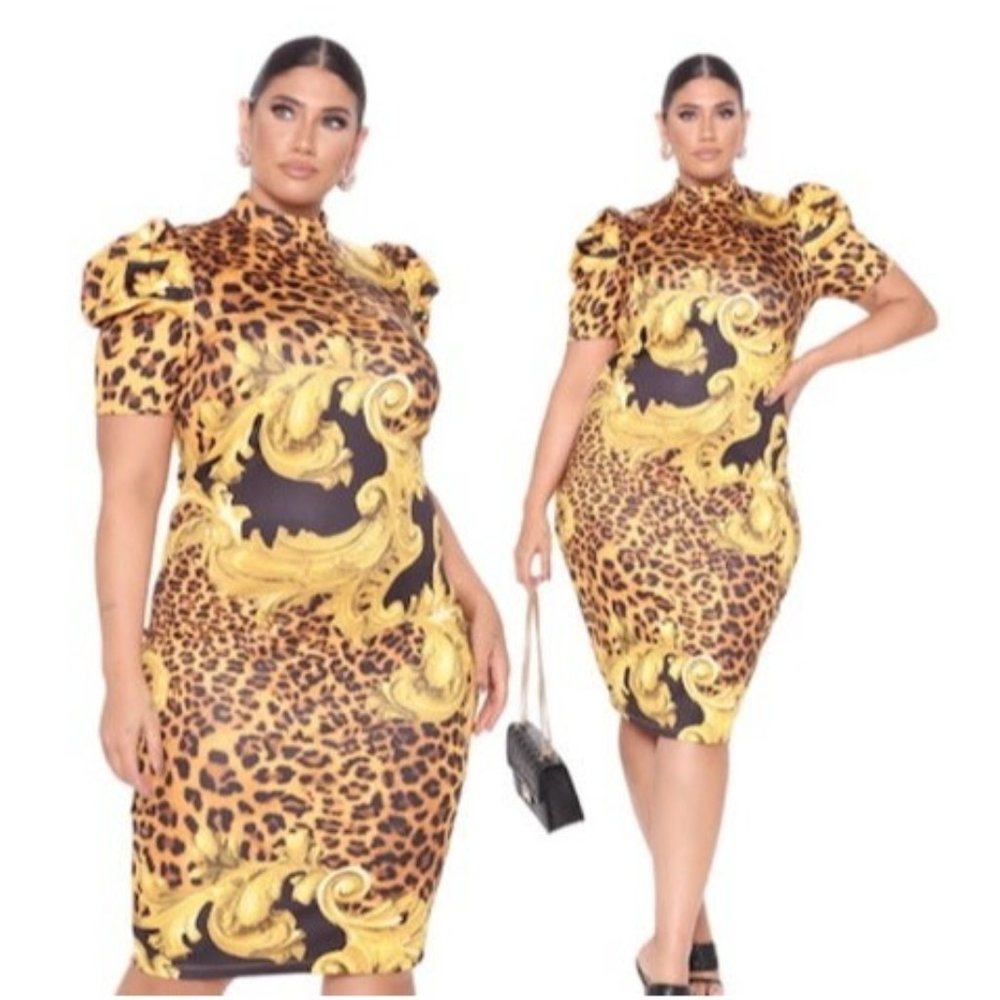 Dress leopard fashion plus gold yellow midi mock